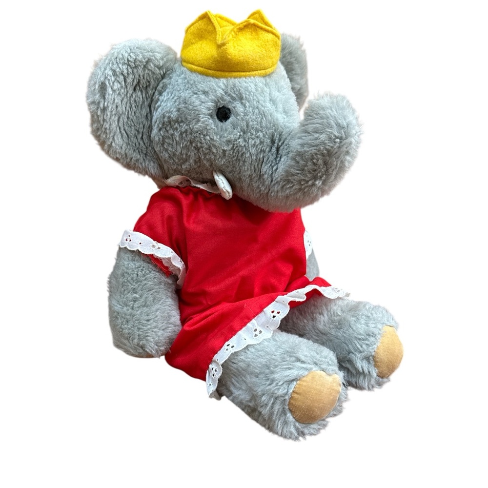 Vintage Babar Queen Celeste Elephant Plush 15" Eden Toys Red Dress 1977